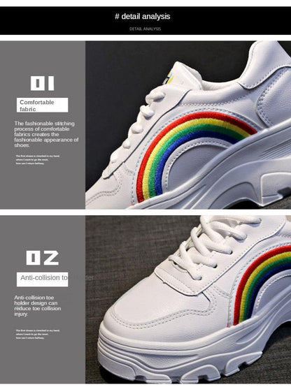 Casual white sneakers with rainbow arch detail, lace-up front, chunky platform sole for comfort on Tampa Home & Garden Store