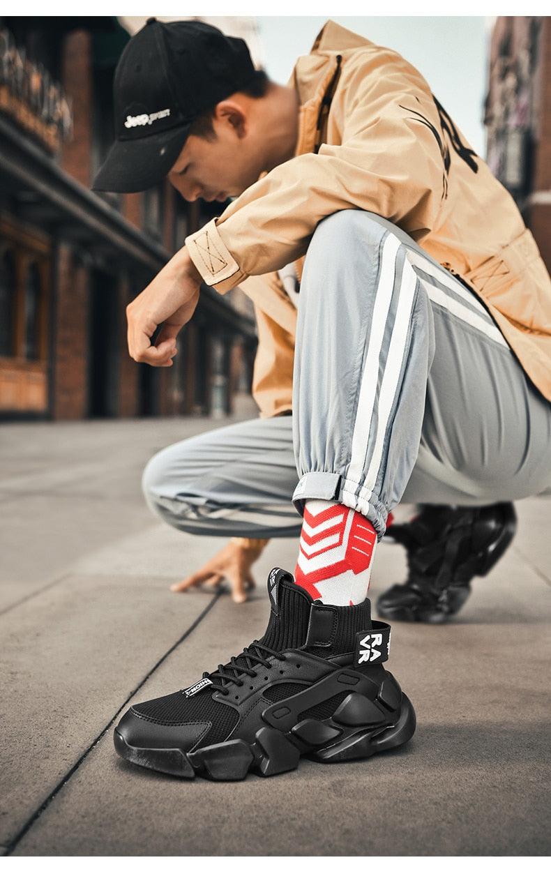 Stevvex men's black high-top chunky sneakers with a bold sole for casual outdoor wear on Tampa Home & Garden Store