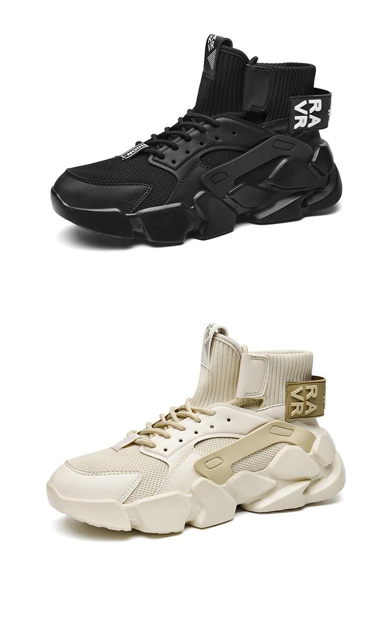 Stevvex men's sneakers black high-top chunky pair and beige knit chunky sneakers, 2-pack on Tampa Home & Garden Store