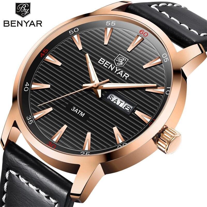 Men's Benyar leather-strap watch, black dial, rose-gold case, 3ATM waterproof, day-date on Tampa Home & Garden Store