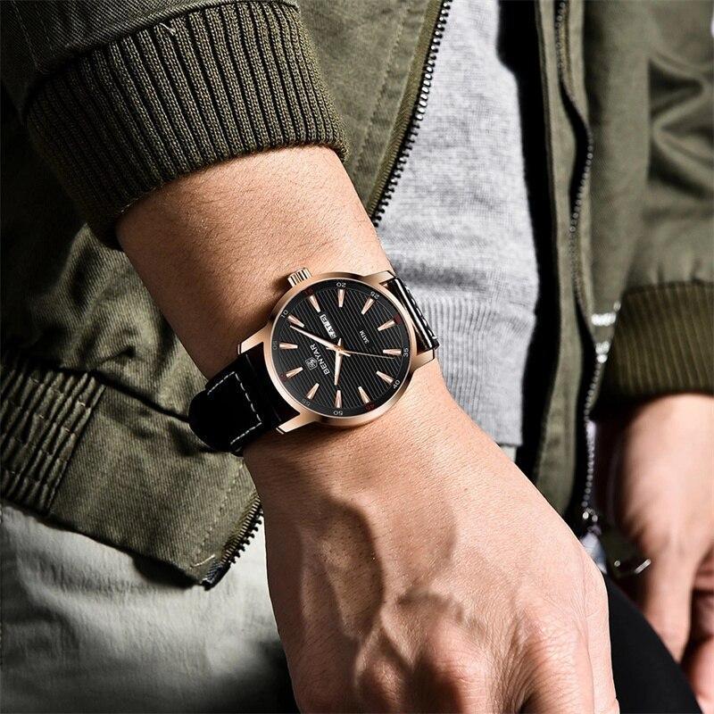 Stevvex men's watch with black leather strap, rose-gold case, black dial, analog quartz on Tampa Home & Garden Store
