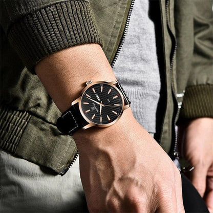 Stevvex men's watch with black leather strap, rose-gold case, black dial, analog quartz on Tampa Home & Garden Store