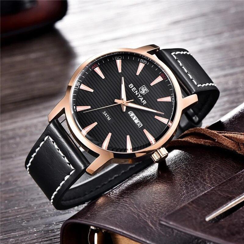 Stevvex ST155NWOLIN32 black dial analog quartz mens watch with rose-gold case and black leather strap on Tampa Home & Garden Store