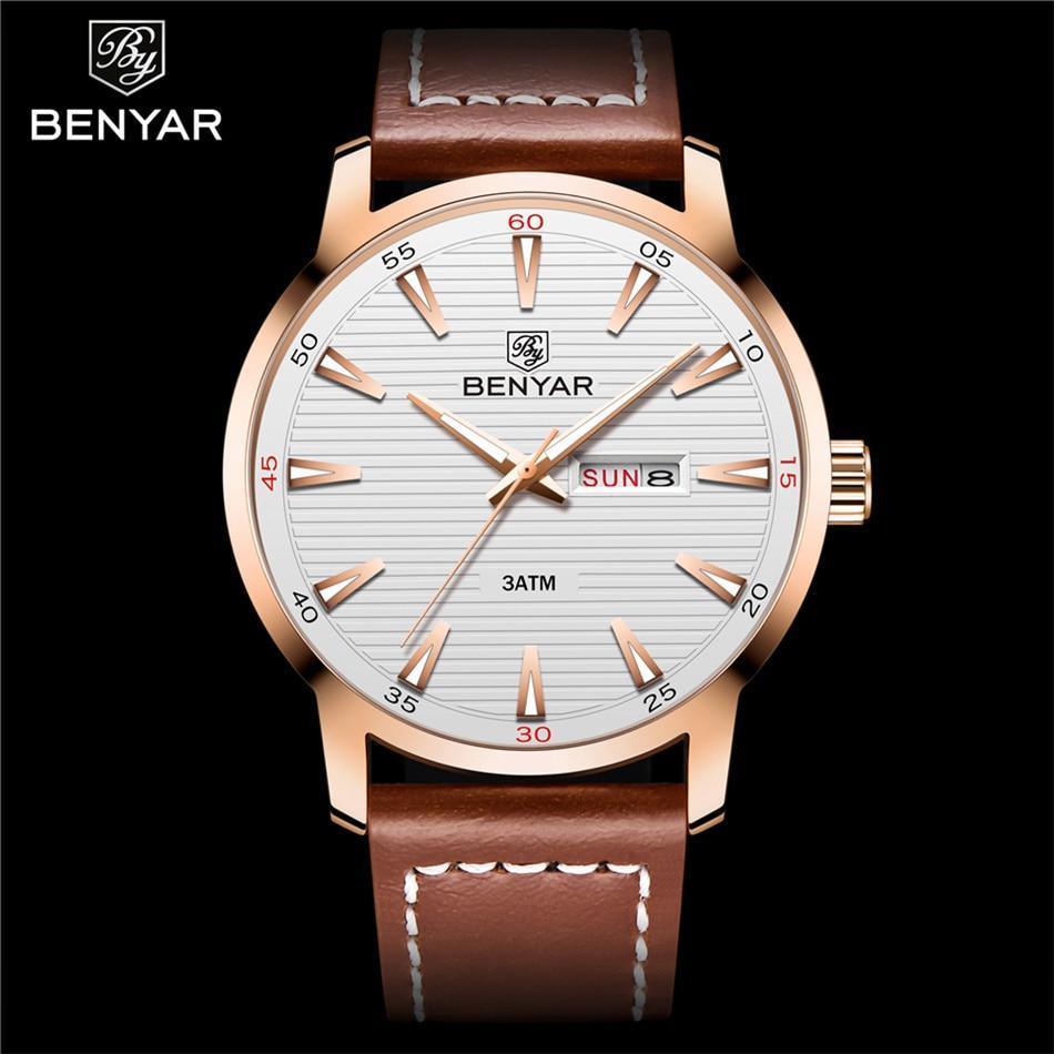 Benyar men's analog quartz watch with rose-gold case, white striped dial, brown leather strap with white stitching 3ATM water resistant on Tampa Home & Garden Store
