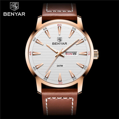Benyar men's analog quartz watch with rose-gold case, white striped dial, brown leather strap with white stitching 3ATM water resistant on Tampa Home & Garden Store