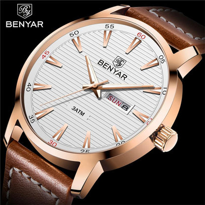 Men's analog Benyar watch gold-tone case brown leather strap white striped dial day/date window 3ATM water resistant on Tampa Home & Garden Store