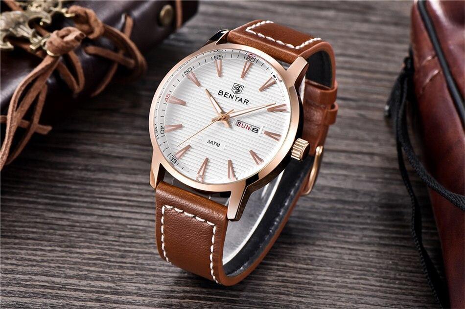 Analog men's watch by Benyar with brown leather strap, white dial, rose-gold case on Tampa Home & Garden Store