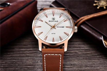 BENYAR analog quartz wristwatch with white dial, rose gold case, brown leather strap on Tampa Home & Garden Store