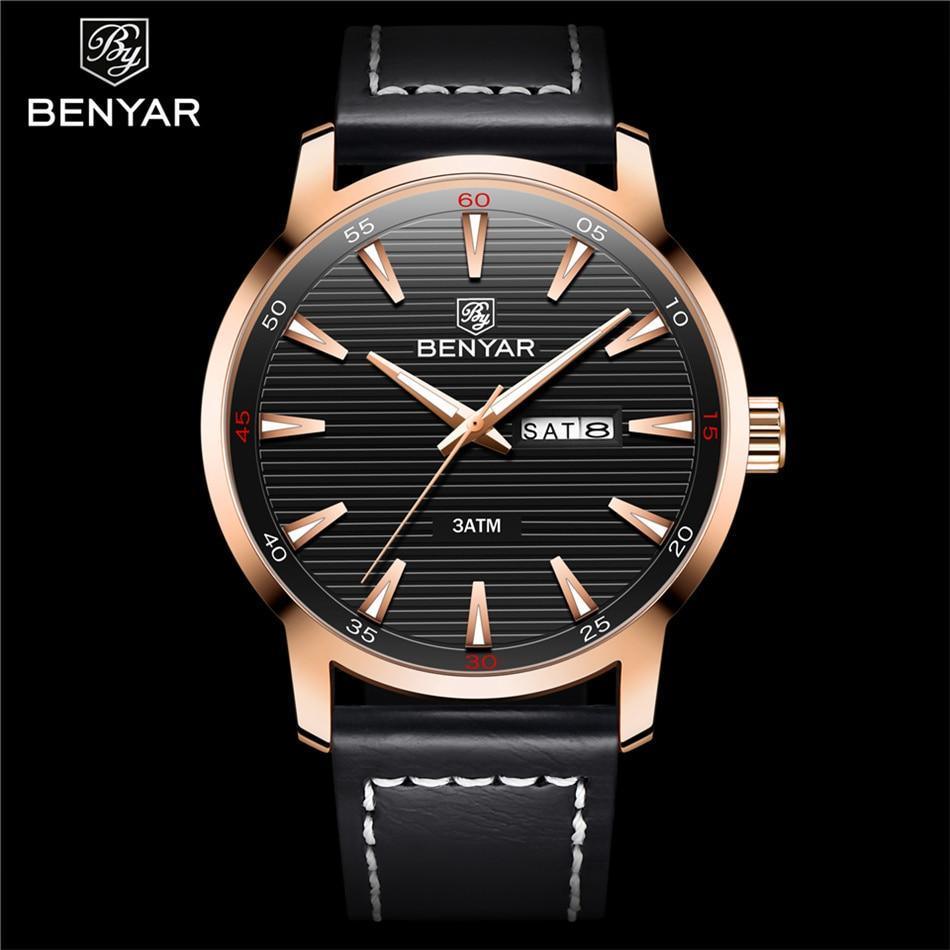Men's Benyar watch with black dial, rose gold case, leather strap, analog quartz on Tampa Home & Garden Store