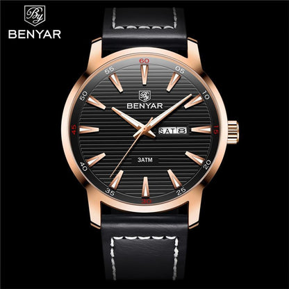 Men's Benyar watch with black dial, rose gold case, leather strap, analog quartz on Tampa Home & Garden Store