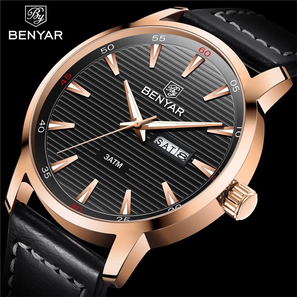 Men's Benyar black dial analog quartz watch with rose gold case and leather strap 3ATM date on Tampa Home & Garden Store