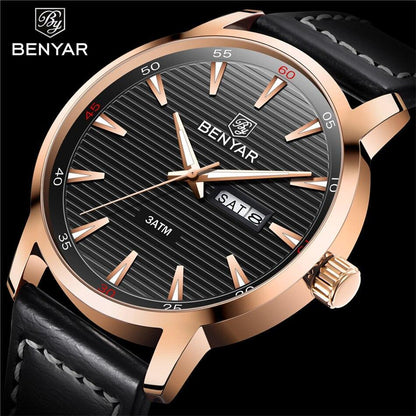 Men's Benyar black dial analog quartz watch with rose gold case and leather strap 3ATM date on Tampa Home & Garden Store