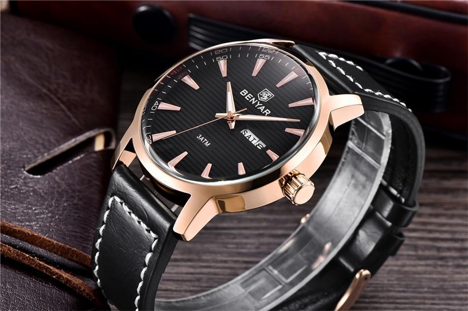Stevvex men's black analog quartz watch with rose gold case, leather strap and day-date display on Tampa Home & Garden Store