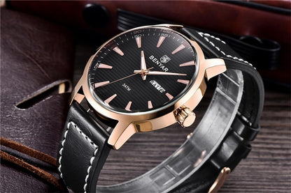 Stevvex men's black analog quartz watch with rose gold case, leather strap and day-date display on Tampa Home & Garden Store