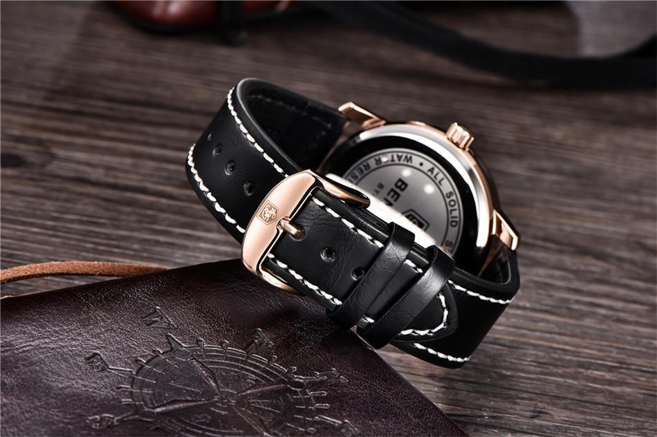 Stevvex black leather watch with rose-gold case and white-stitched strap, analog quartz on Tampa Home & Garden Store