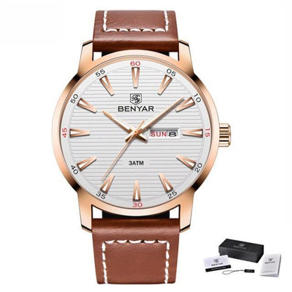 Men's analog quartz watch with brown leather strap and rose-gold case, white dial, BENYAR, 3ATM on Tampa Home & Garden Store