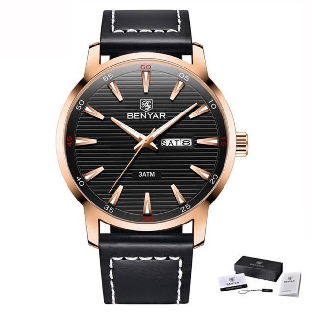 Benyar men's watch ST155NWOLIN32 with black dial, rose-gold case, black leather strap, day/date 3ATM on Tampa Home & Garden Store