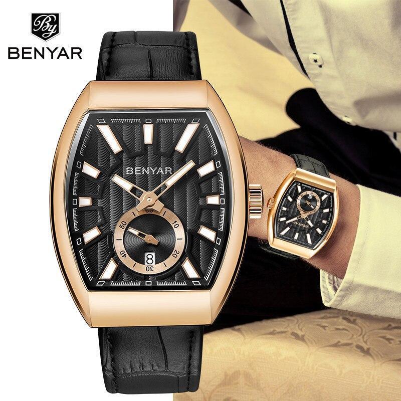 Benyar men's luxury quartz watch gold-tone rectangle case black leather strap on Tampa Home & Garden Store
