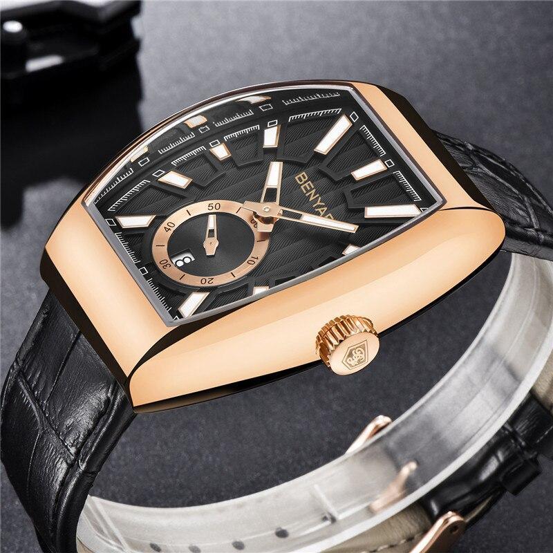 Men's luxury quartz watch ST912MNTLXY2 with rectangular gold case, black dial, leather strap on Tampa Home & Garden Store