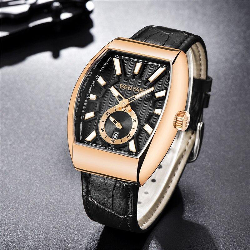 Stevvex quartz men's waterproof watch with rose gold case and black leather strap on Tampa Home & Garden Store