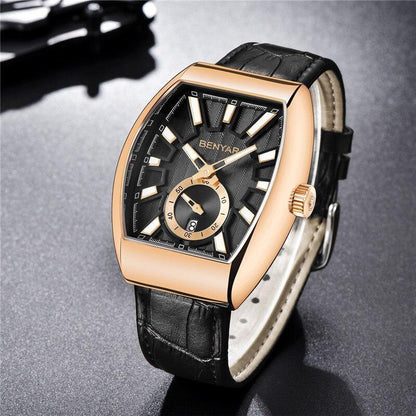 Stevvex quartz men's waterproof watch with rose gold case and black leather strap on Tampa Home & Garden Store