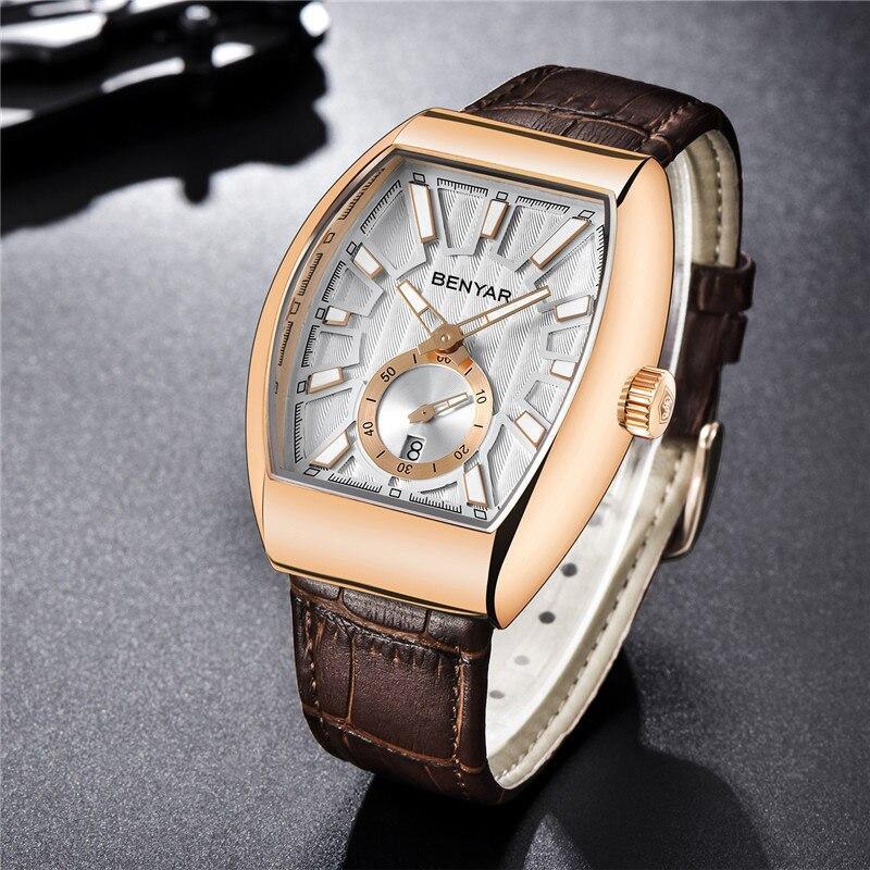 Benyar rectangular luxury quartz men's watch with rose-gold case and brown leather strap on Tampa Home & Garden Store