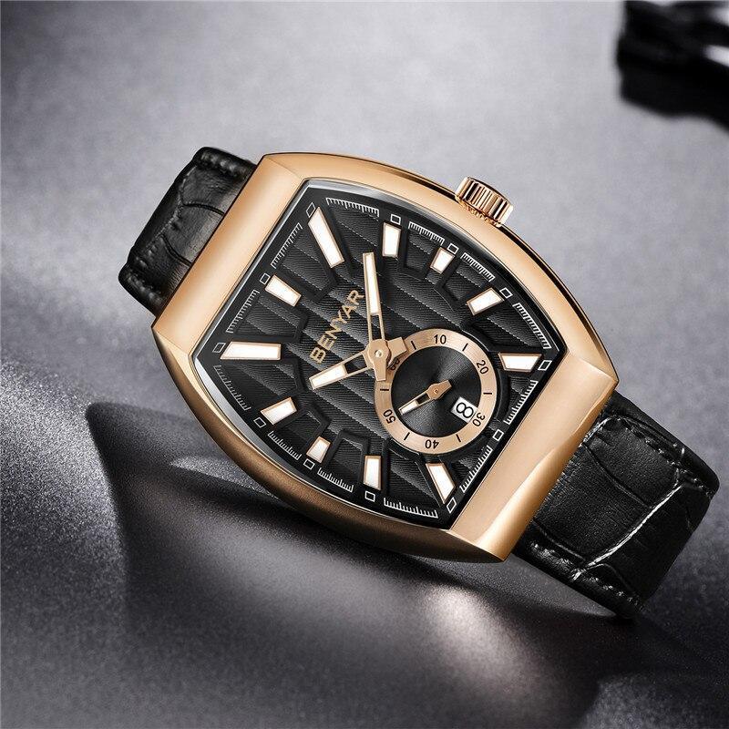 Stevvex quartz men's watch with rectangular gold case, black dial, markers, leather strap on Tampa Home & Garden Store
