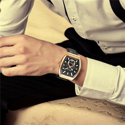 Stevvex men's luxury quartz wristwatch with black leather strap and gold-tone rectangular case on Tampa Home & Garden Store
