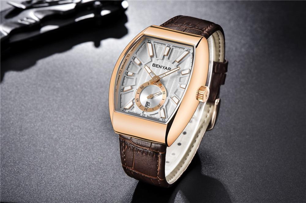 Rectangular quartz men's luxury watch with gold-tone case, brown leather strap and BENYAR dial on Tampa Home & Garden Store