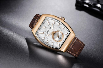Men's luxury quartz Benyar rectangular gold-tone watch with brown leather strap on Tampa Home & Garden Store