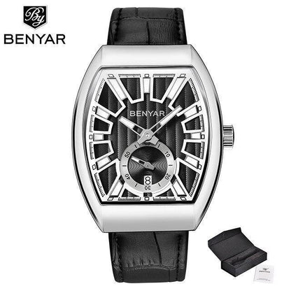 Benyar men's luxury quartz wristwatch with rectangular silver case and black leather strap on Tampa Home & Garden Store