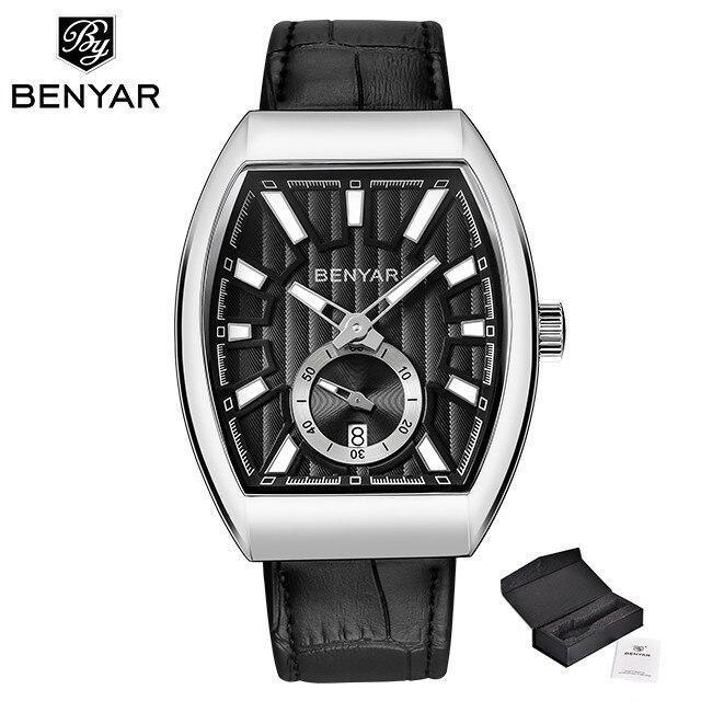 Mens luxury quartz watch Benyar by Stevvex with black leather strap and silver rectangular case on Tampa Home & Garden Store