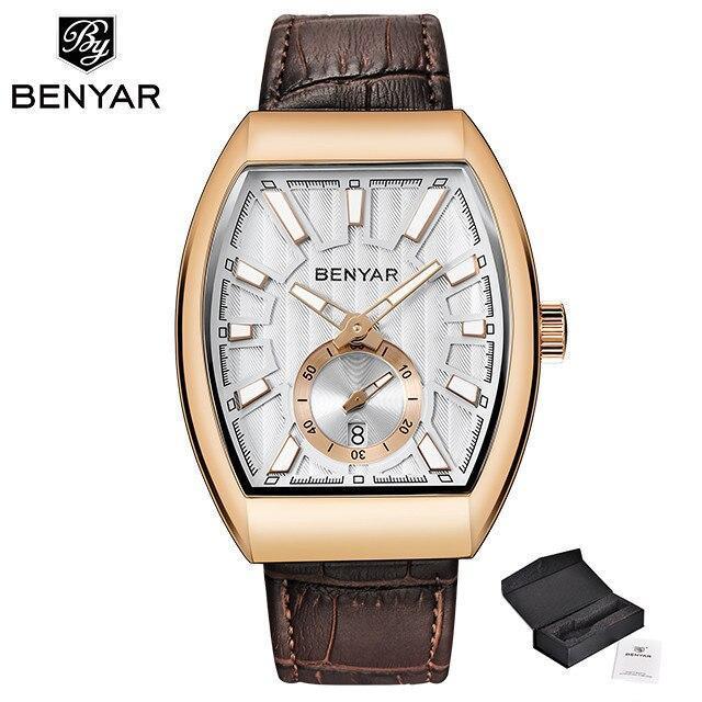 Mens quartz watch BENYAR, rectangular rose gold case, silver dial, brown leather strap on Tampa Home & Garden Store