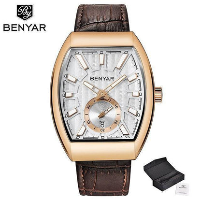 Mens quartz watch BENYAR, rectangular rose gold case, silver dial, brown leather strap on Tampa Home & Garden Store