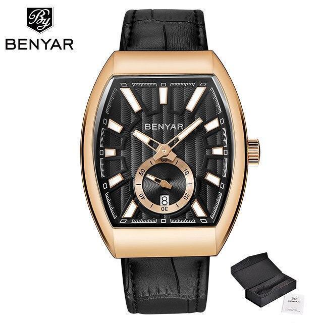 Mens quartz luxury wristwatch, rectangular gold-tone case, black leather strap BENYAR on Tampa Home & Garden Store