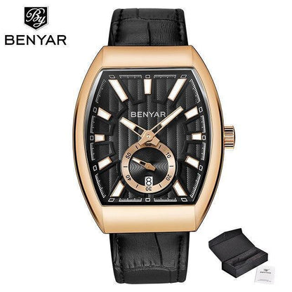 Mens quartz luxury wristwatch, rectangular gold-tone case, black leather strap BENYAR on Tampa Home & Garden Store