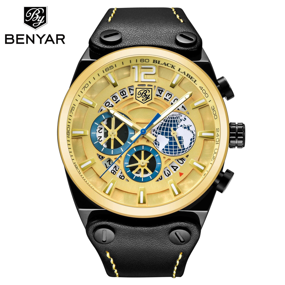 Benyar men's gold-tone bezel watch with black strap skeleton dial blue subdials on Tampa Home & Garden Store