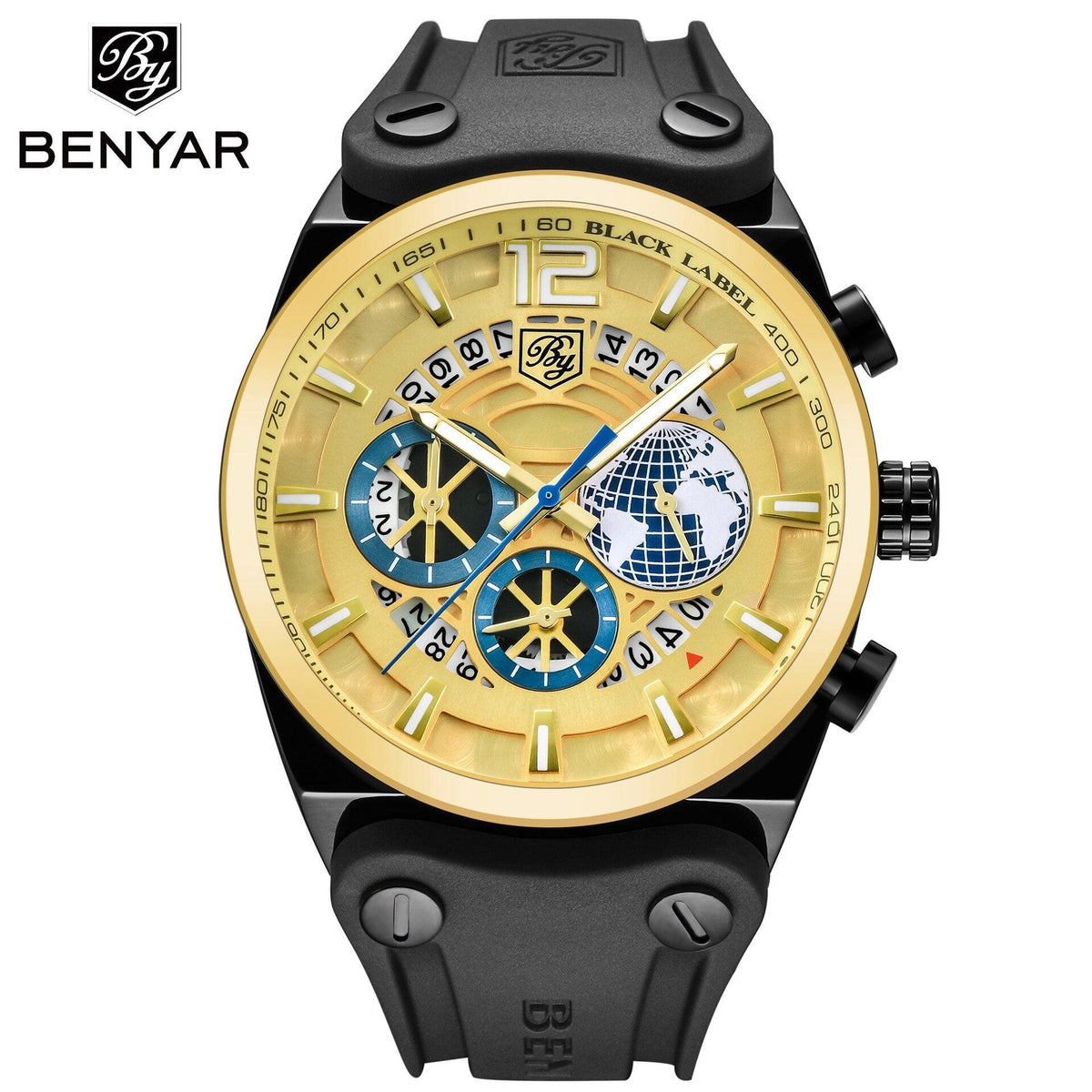 Men's luxury skeleton dial sport watch with gold bezel and black silicone strap by BENYAR on Tampa Home & Garden Store
