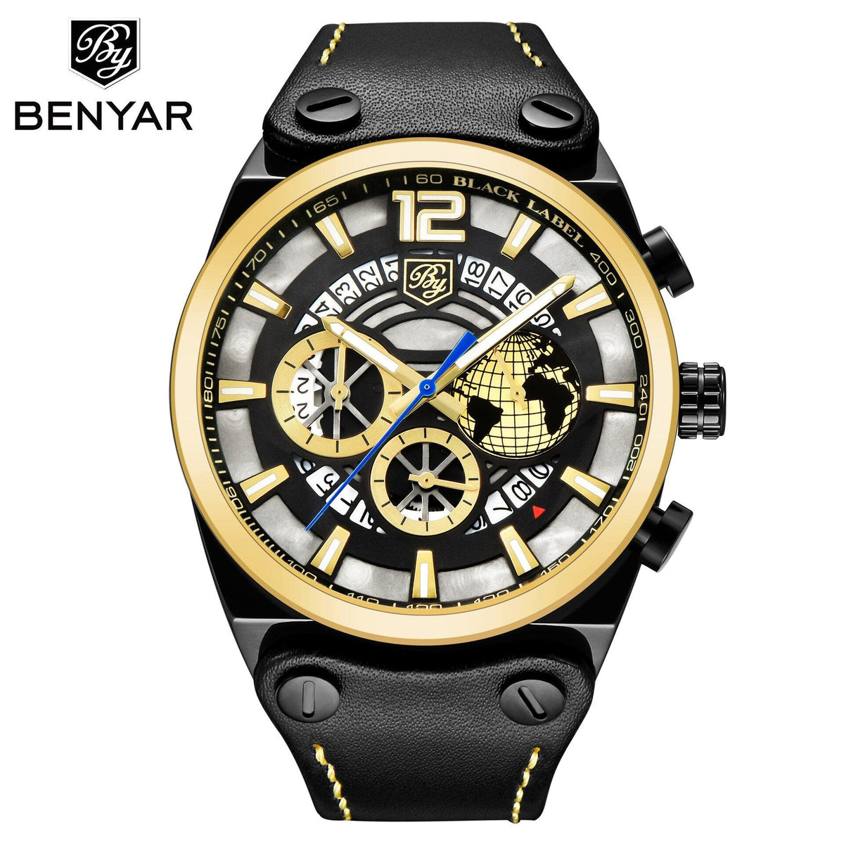 Benyar ST442GLDPLN2 mens multifunction sport watch with black silicone strap and gold bezel on Tampa Home & Garden Store