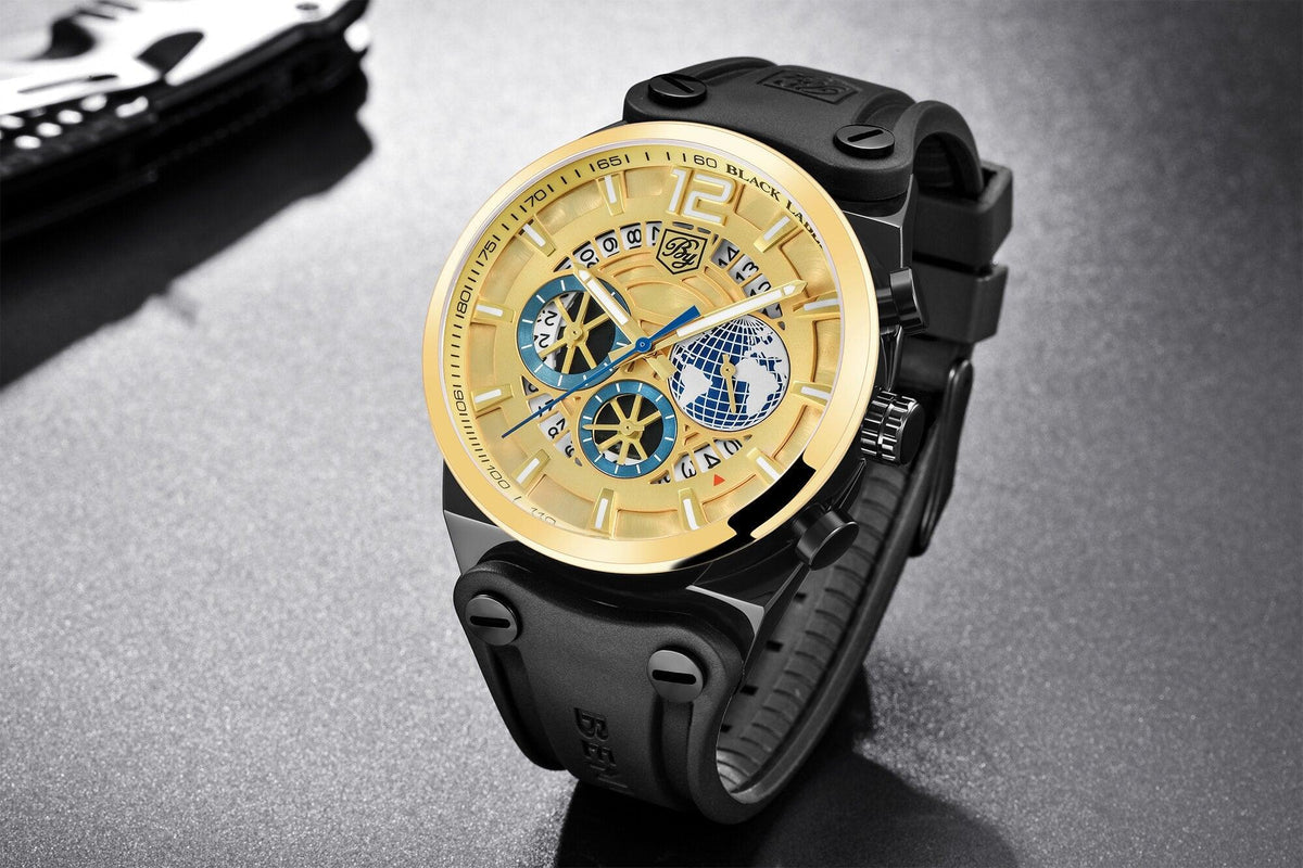 Stevvex ST442GLDPLN2 gold dial multifunction men's watch with black silicone strap on Tampa Home & Garden Store