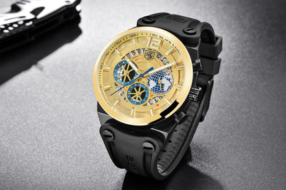 Stevvex ST442GLDPLN2 gold dial multifunction men's watch with black silicone strap on Tampa Home & Garden Store