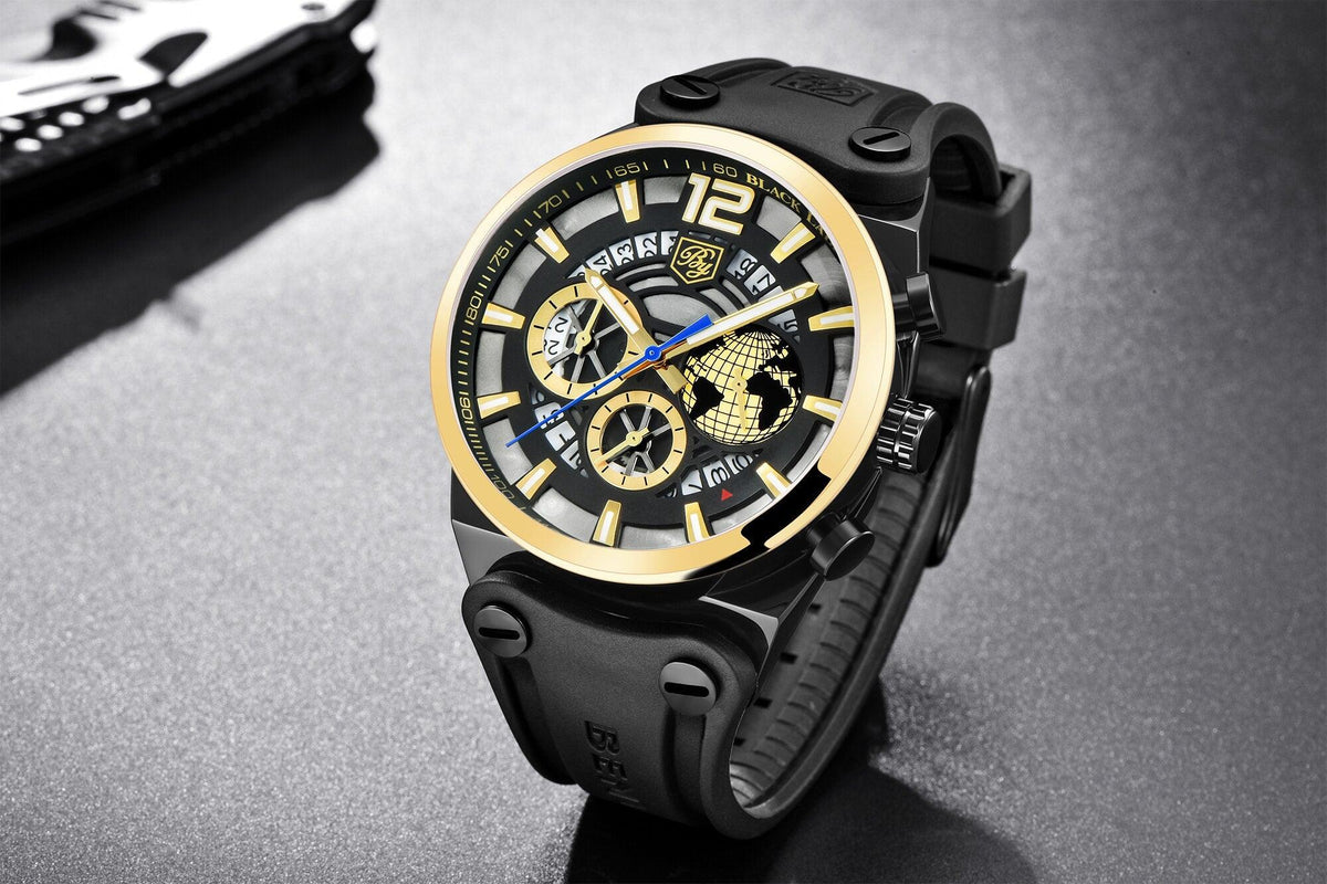 Stevvex ST442GLDPLN2 men's fashion watch black-gold skeleton dial silicone strap luminous hands on Tampa Home & Garden Store