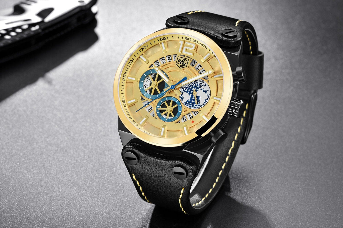 Stevvex ST442GLDPLN2 men's golden skeleton watch with leather strap and luminous hands on Tampa Home & Garden Store