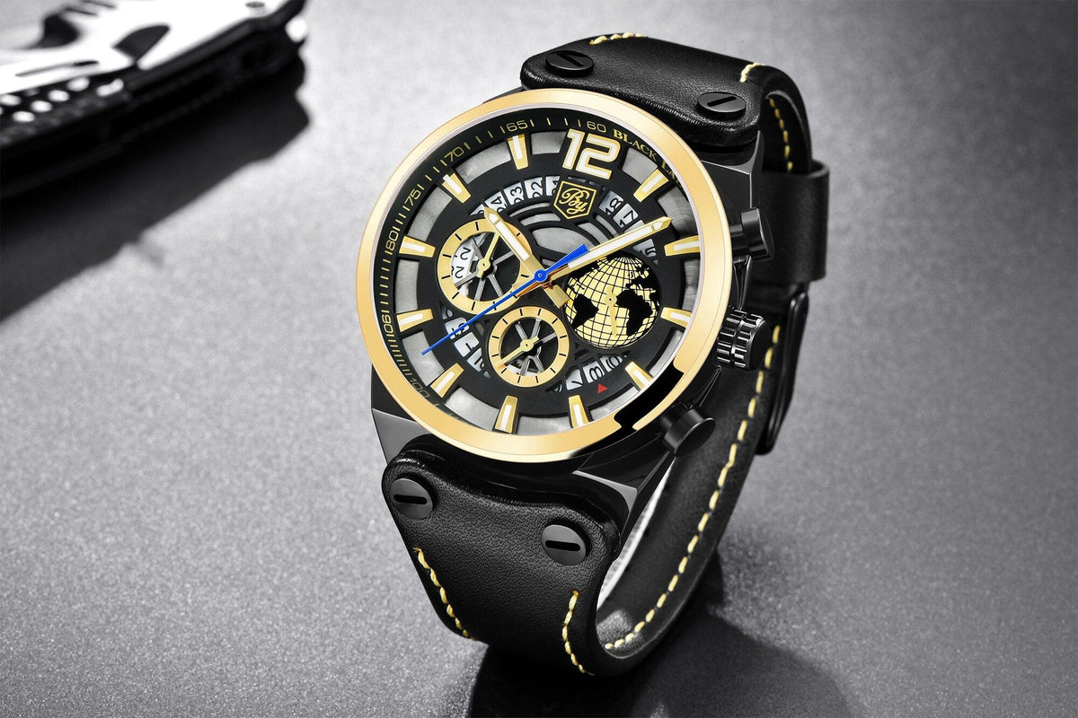Stevvex ST442GLDPLN2 men’s multifunction quartz watch with gold bezel, black skeleton dial on Tampa Home & Garden Store