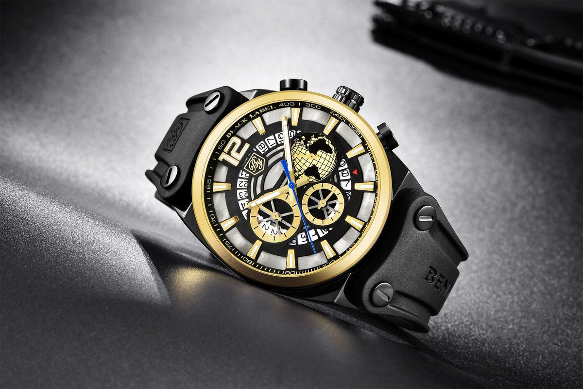 Stevvex ST442GLDPLN2 men's sport watch with gold bezel, black silicone band, skeleton dial on Tampa Home & Garden Store