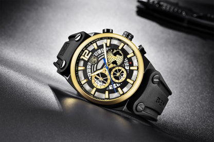 Stevvex ST442GLDPLN2 men's sport watch with gold bezel, black silicone band, skeleton dial on Tampa Home & Garden Store