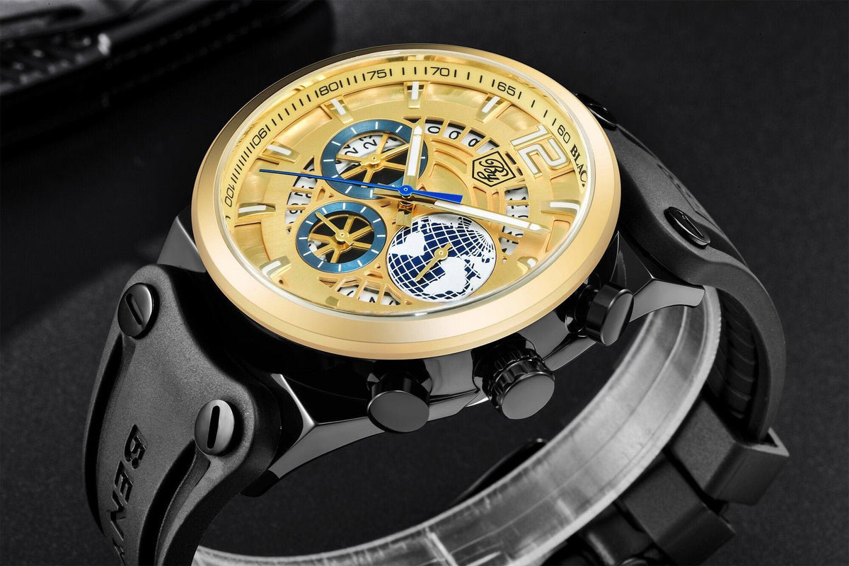 Stevvex men's luxury skeleton watch with golden case, blue hands and black silicone strap on Tampa Home & Garden Store