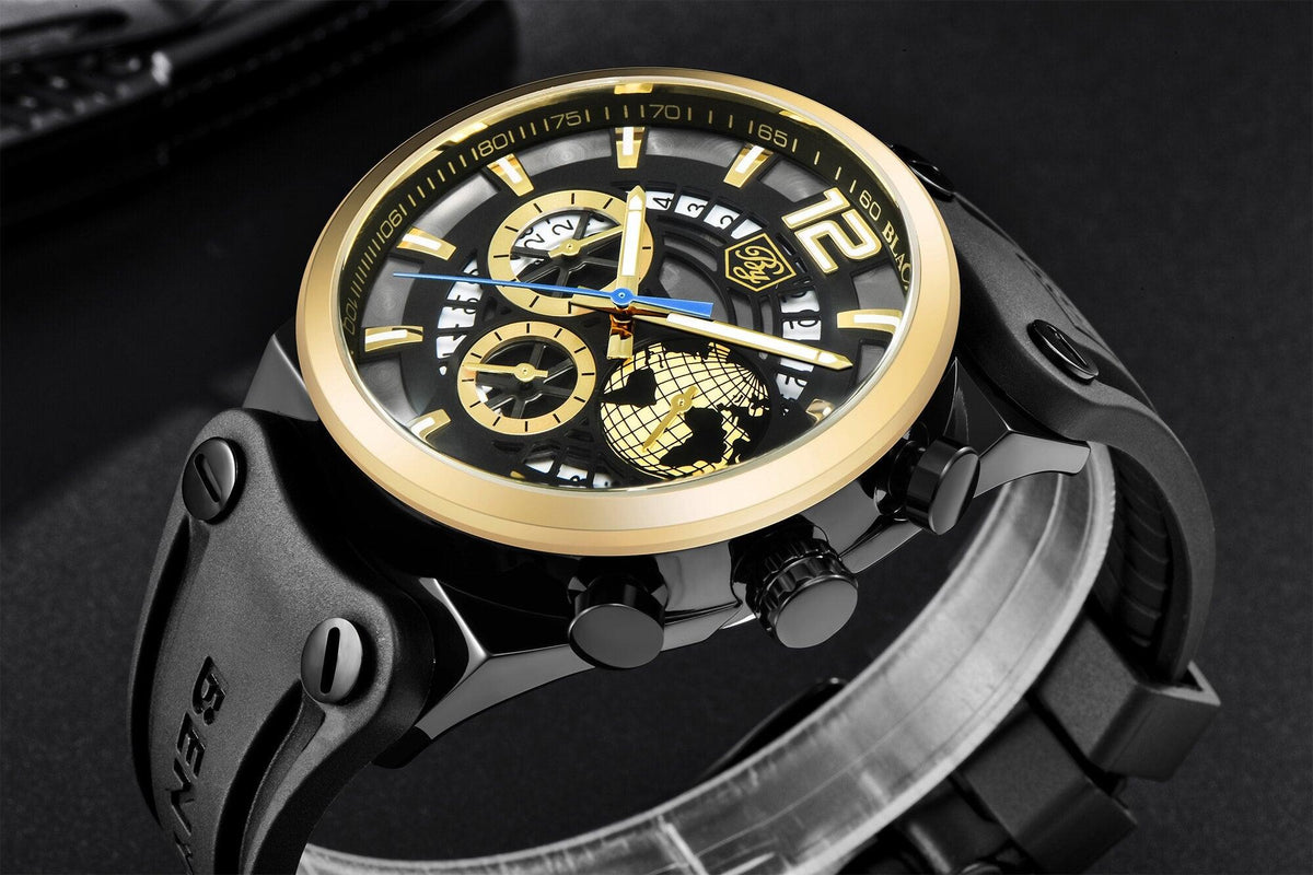 Stevvex men's quartz sport watch with gold bezel and black silicone strap skeleton dial on Tampa Home & Garden Store