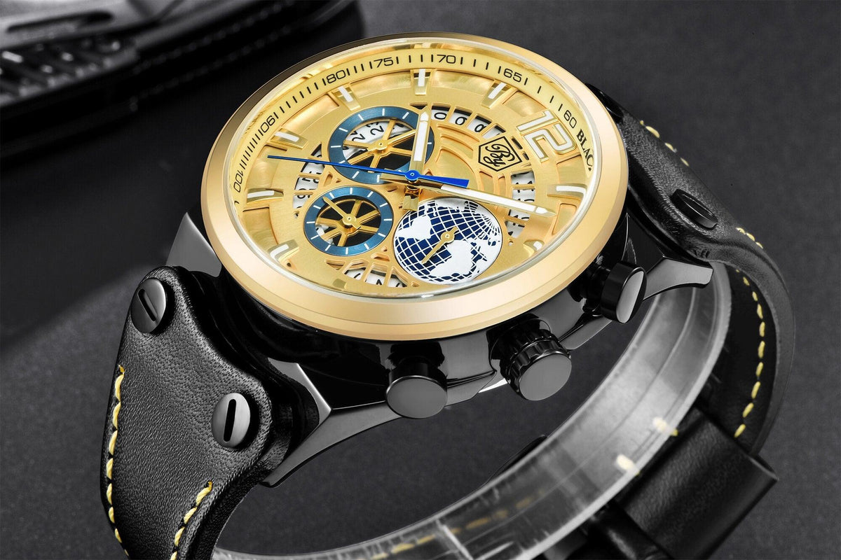 Stevvex ST442GLDPLN2 men's gold-tone skeleton quartz watch with blue subdials on Tampa Home & Garden Store