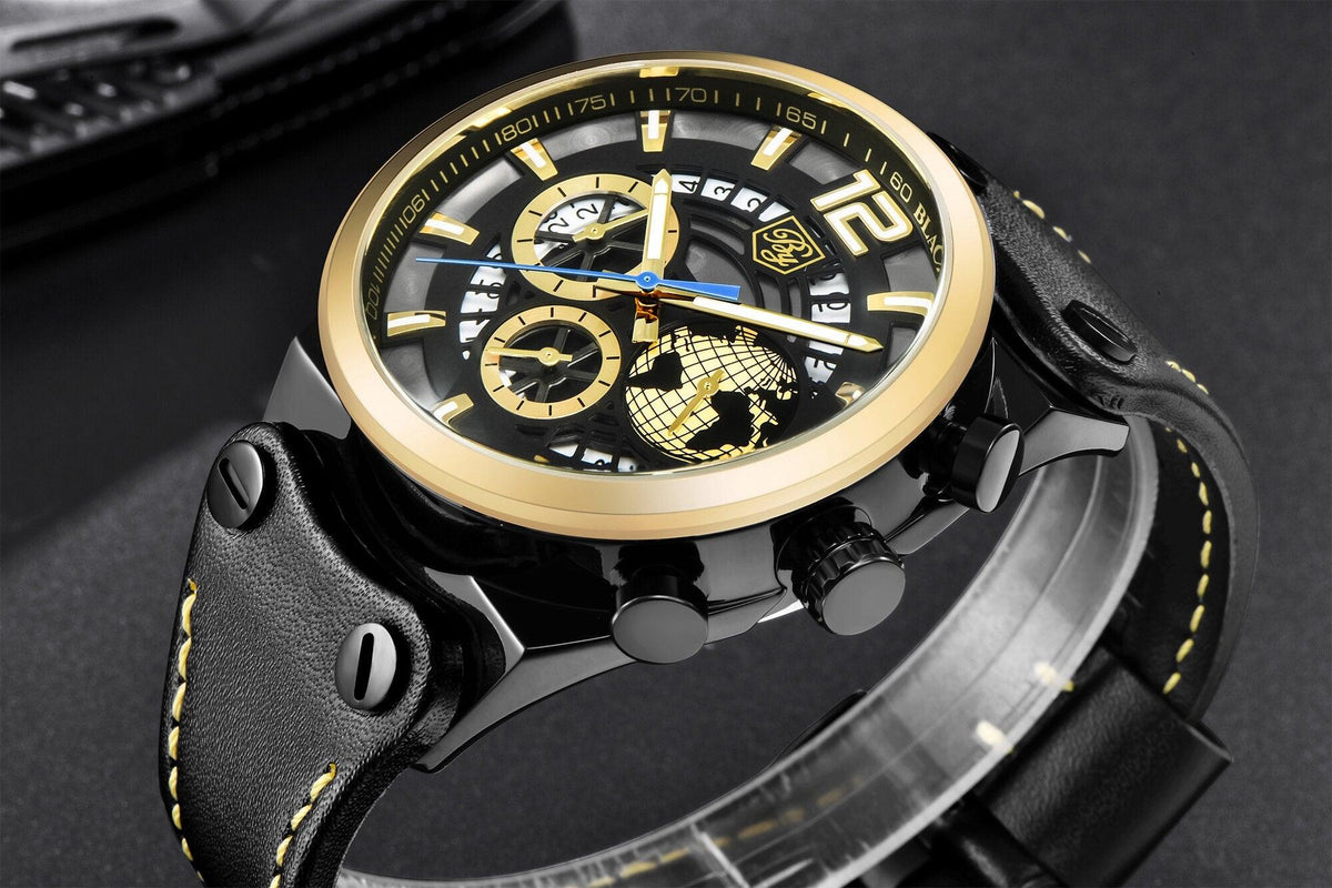 Stevvex ST442GLDPLN2 men's gold bezel watch with skeleton dial and black leather strap on Tampa Home & Garden Store